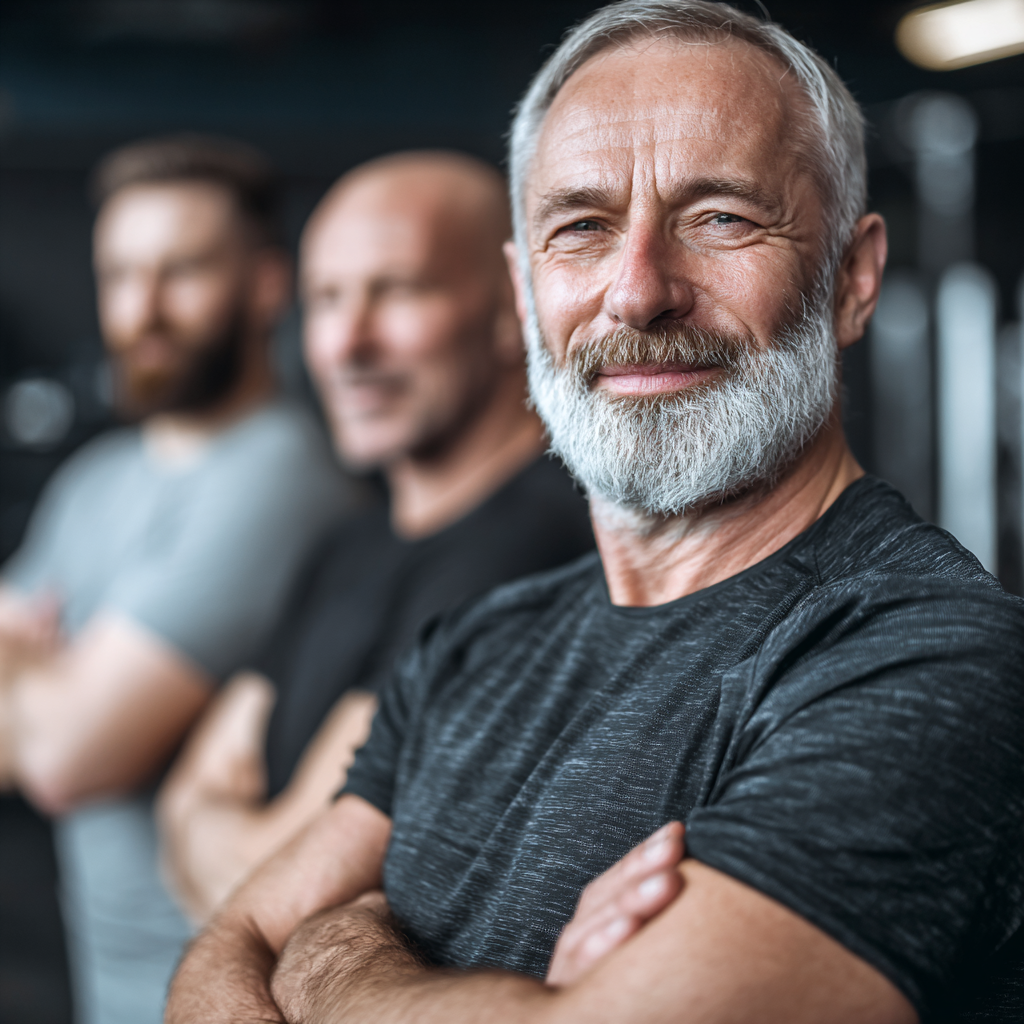 Determined middle-aged men after completing challenging workout session, showing satisfaction and accomplishment