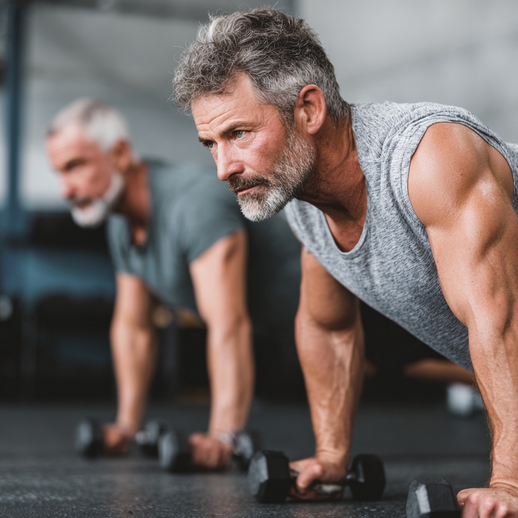 Middle-aged men engaged in functional strength training exercises focusing on stability and endurance